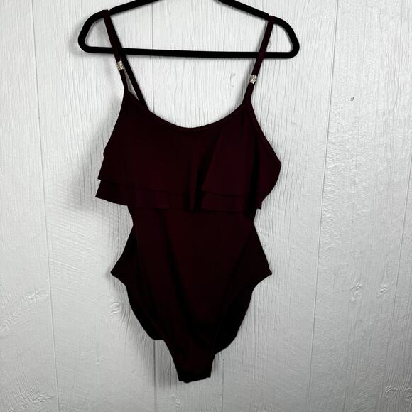 Primark Maroon One Piece Swimsuit Size 14 Ruffle Top Full Coverage Red Ribbed - Picture 7 of 8